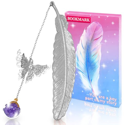 Silber Metall Feder Lesezeichen mit 3D Libelle & Glaskugel Charme Einzigartiges Geschenk für Frauen, Lehrer, Kinder und Buchliebhaber