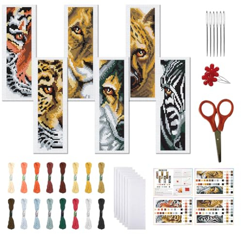 FREEBLOSS 6 Set Kreuzstich Lesezeichen Set Gestempeltes Cross Stitch Set Wildtiere Gestempeltes Stick Lesezeichen Mit Anleitung Kreuzstich Sets Für Erwachsene 8''X2.4''