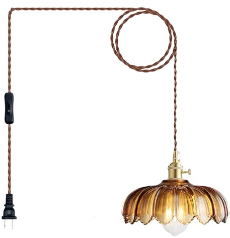 XZHGCEE Plug in Pendant Light: Amber Glass Hanging Lamp Plug in, 14.7ft Swag Lamp Cord with On/Off Switch for Kitchen Island/Dining Room/Bedroom/Living Room Hanging Light, No Bulb