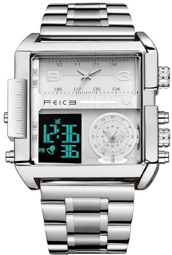 FEICE Reloj de Cuarzo para Hombre Reloj de Hombre Original Rectangular Multifunción Cronógrafo 24H Calendario Cuadrado Digital - FK030, plata, Moderno