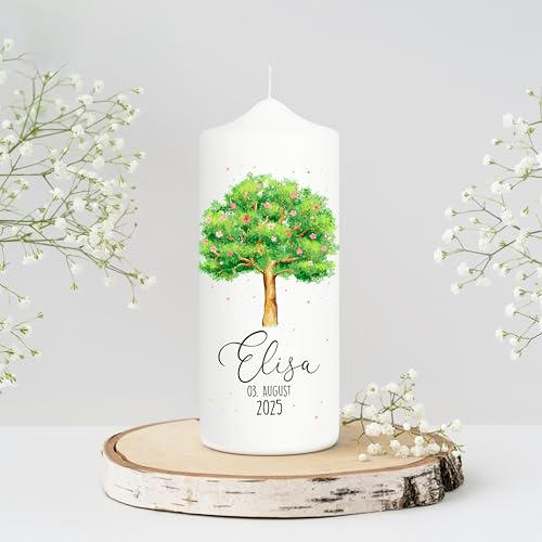 Wandtattoo Loft Patenkerze Mädchen Motiv Lebensbaum mit Blüten, 18cm x 7cm, personalisierte Kerze, bedruckte Kerze zur Taufe, Stumpenkerze, individuelles Taufgeschenk