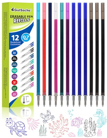 GutSache 12er Set Kompatibel mit Legami Nachfüllminen (8 Farben, 0,7 mm) | Radierbarer Ersatzminen, Thermosensible Tinte, Einfach zu Radieren, Höhe 13 cm, Schul-/Bürobedarf, Gelschreibermine Radierbar