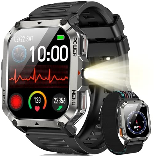 Blackview Reloj Inteligente Hombre Militar - Linterna y Brújula, 2.01Smartwatch Hombre con 100+ Modos Deportivos, Llamadas Bluetooth/Notificación, Pulsómetro/Oxímetro/Sueño, Pulsera Actividad(W70Pro)