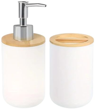 Juego dispensador jabon baño y Vaso con bamú, dispensador de jabón y portacepillos para baño Moderno 350ml, Accesorios Cocina y baño, jabón líquido y Gel Recargable, Botella de jabón Blanco