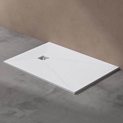 doporro Duschwanne Duschtasse 100x140x3cm Mineralguss Weiß Ablaufgarnitur | Flache Rechteckig Duschwanne für bodenebene Montage mit DIN-Anschlüssen – stabil & pflegeleicht AL06 Geoma09