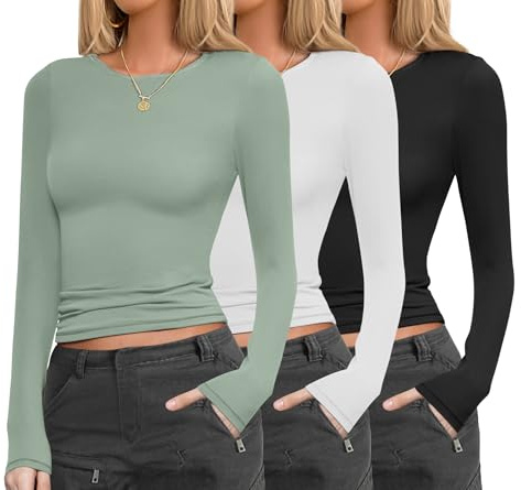 Ekouaer Maglia Termica Donna Girocollo Intimo Termico Manica Lunga Autunno Leggero Top, Nero + Bianco + Verde, M