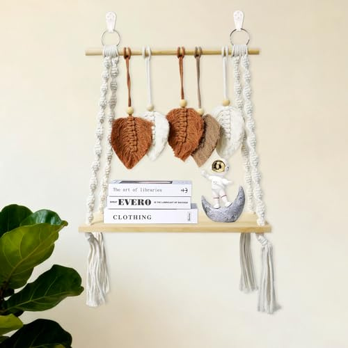 Mocrop 40cm Estanteria Pared Decoracion Pared, Decoración Bohemia Macrame, Tejido A Mano con Flecos Y Hojas, para Estanteria Baño Madera, Recibidor Flotante, Repisas De Pared