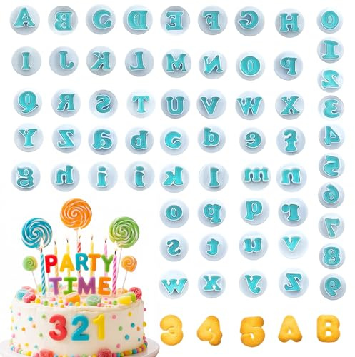Juego de 62 cortadores de letras para fondant, alfabeto 3D y números, fácil de usar, duradero, para decoración de pasteles, fiestas de cumpleaños y actividades educativas