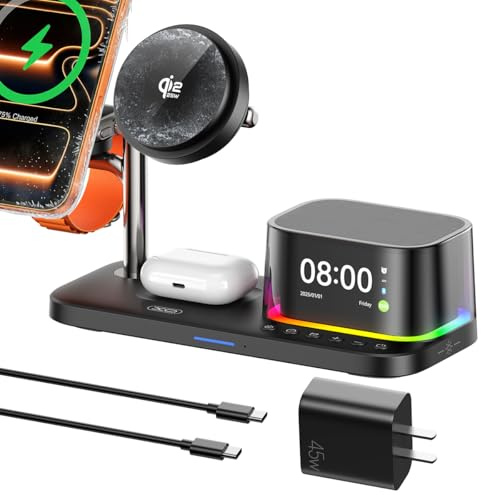 QI2.2 Charging Station for Apple Device【 25W Fast Charging+Cooling Fan】 5in1 Magnetic Wireless Charger with Speaker and Alarm Compatible with iPhone/Watch/AirPod (45W Adapters Included) Black