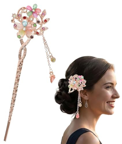 YIPFEN Épingle à cheveux chinoise avec fleurs, baguette vintage avec pompon, accessoire de coiffure fait main pour femme, décoration élégante pour mariage, fête et quotidien, rouge
