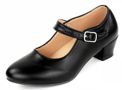 Scarpe Flamenco Bambina per Ballo Danza Sevillanas con Tacco, Cinturino Regolabile, Suola Antiscivolo, Nero opaco, 30 EU
