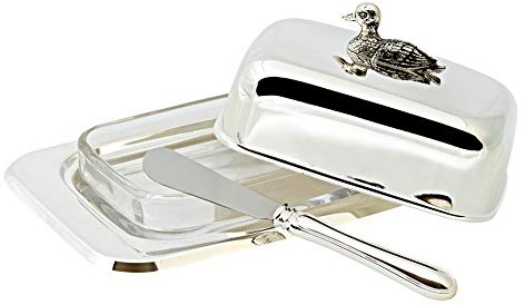 EDZARD Mantequillera / Mantequera Pato, 13 x 18 cm, para 250 gramos de mantequilla, plateada, resistente al deslustre, con inserto tazón de vidrio, incl. cuchillo para mantequilla