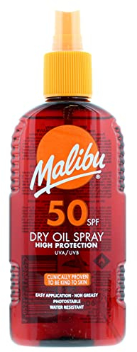 Malibu Sun LSF 50 Trockenöl-Spray zur Bräunung, hoher Schutz, wasserabweisend, 200 ml