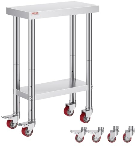 VEVOR Table de Travail Cuisine 31x61x85cm,Table de Travail INOX avec roulettes et Freins,Capacité de Charge 750 kg pour Préparation des Aliments aux Restaurant/Cliniques