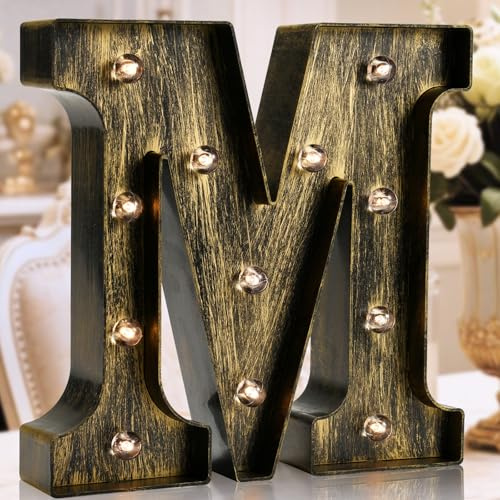 Oycbuzo Golden Black Led Marquee Letter - Industrial, Vintage Style Light Up Alphabet Letter Sign for Cafe Wedding Birthday Party Christmas Lamp Home Bar Initials Decor - M