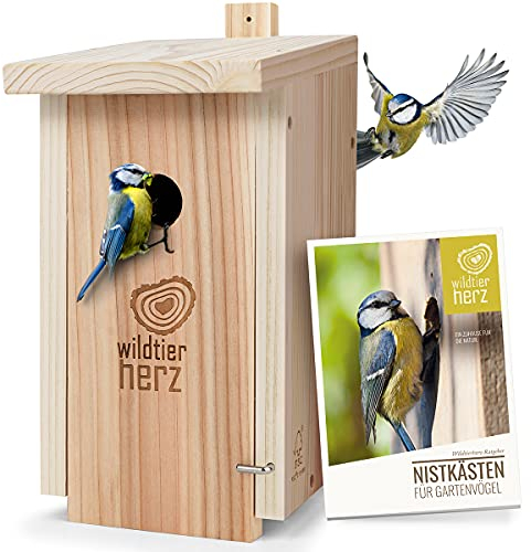 wildtier herz | Nistkasten Natur für Blaumeisen & kleine Meisenarten aus Massiv-Holz - verschraubt, unbehandelt, wetterfest, Vogelhaus für Meisen, Nisthilfe mit 28 mm Einflugloch