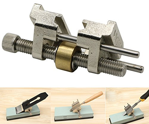 LepoHome Guía de afilado de acero inoxidable con rodillo de latón para cincel de madera, ángulo fijo, afilador de cuchillos, afilador de cuchillas (rango de ancho de sujeción de 0.2 a 3.2 pulgadas)