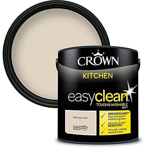 Crown 2.5L Easyclean Kitchen MATT Emulsion Multi Surface Paint With GREASEGUARD+ That can be Used on Walls, Ceilings, Wood and Metal. Stain & Scrub Resistant Formula – Afternoon Tea