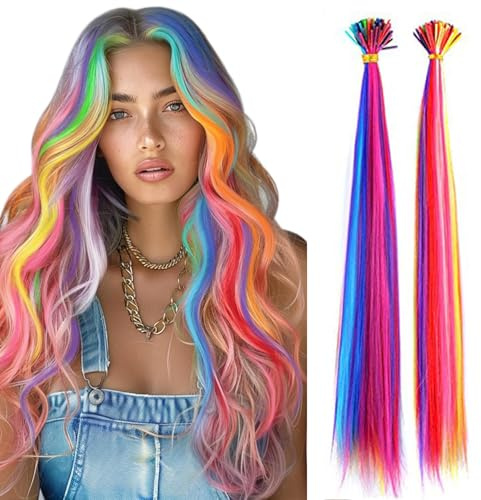 Rainbow Hair Extensions Kit: 90-100 Pcs, 21 Inch I-Tip Colored Microlink Hair Set for Women, Kids - Gifts, Cosplay, Parties, Highlights, Include 100 Microbeads with Hook Tool(Multi-Colors Kit)