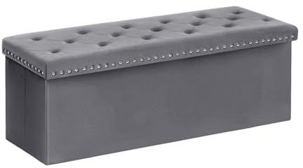B FSOBEIIALEO Storage Ottoman Bench, Folding Tufted Ottomans with Storage, Extra Large 140L Footrest Bench for Bedroom, Luxury Velvet Fabric 43 Inches Grey