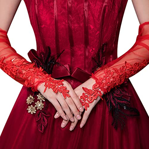 Damen Spitze Lange Handschuhe, Amorar 1Paar Lace Brauthandschuhe Hochzeit Braut Handschuhe Armstulpen Fingerlos Spitzen Handschuhe Elegant Vintage Abendhandschuhe Braut Hochzeit Accessoires,rot