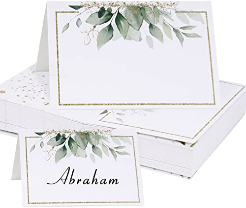50pz Segnaposto Cartellini Bianco Tavolo per Matrimonio Compleanno Comunione Battesimo Cresima Laurea Bigliettini Carta Verde Foglie Oro Decorazione Festa Bomboniere