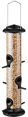 iBorn Vogelfutterspender - 35，6cm Metall Futterspender mit 6 Anflugplätzen - Futterhaus zum Aufhängen für Vögel -Wildvogel Futterstation - Futtersäule - Wildvögel Futtersilo- Schwarz