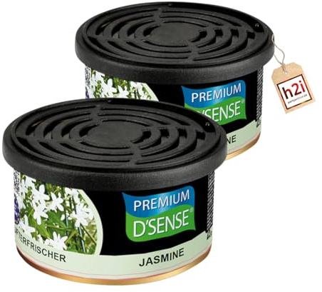 h2i Premium Duftdose | jasmin | 2 Stück | Auto Lufterfrischer und Duftspender für Camping, Büro & Zuhause | 60 Tage frischer Duft mit Mengenregulierung | passt in Getränkehalter | inkl. h2i Sticker