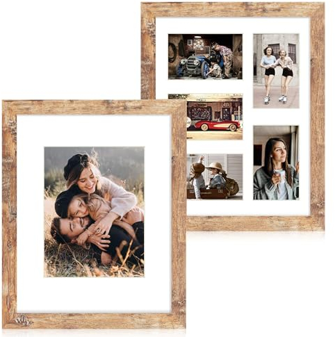 iRahmen 11x14 Picture Frame Set of 2 with Tempered Glass, Rustic Brown Frame Display 8x10 Pictures with Mat or 11 x 14 Without Mat, Wooden Photo Frame for Horizontal or Vertical Wall Mount