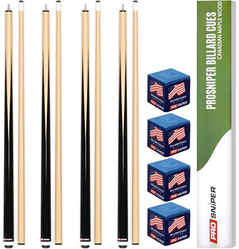 Prosniper Premium Pool Sticks Set of 4 | 58-Inch, 19-Oz Canadian Ashwood Pool Cue with Low-Deflection Shaft & 4 Extra Chalks | Pro-Grade Billiard Cue for Home & Bar Play