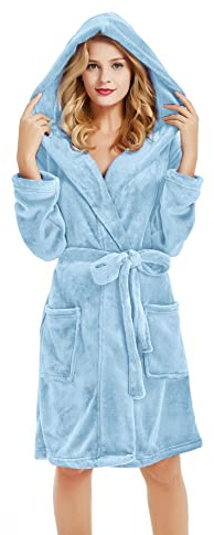 U2SKIIN Women Hooded Dressing Gown, Short Plush Fleece Bath Robes for Womens With Hood Soft Warm Spa Bathrobe (Light Blue-Hooded, S/M)