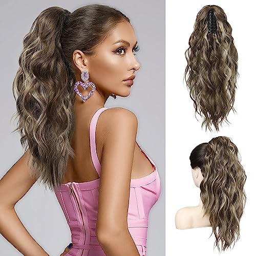 FLUFYMOOZ Ponytail Extension Pferdeschwanzverlängerung, 46 cm Klauenclip Pferdeschwanzverlängerung, gewellte lockige Klauenclip in Pferdeschwanz Haarverlängerungen (Mittelbraunes Aschblond)