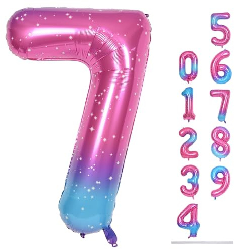 40'' Rainbow Number 7 Balloon, Giant Self Inflating Gradient Blue Pink Foil Number Balloons Set 0-9, Starry 7 Helium Balloon for Girls 7th Birthday Party Decorations Anniversary Supplies