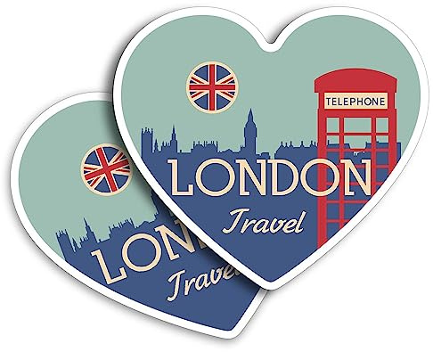 2 pegatinas de vinilo de 10 cm con forma de corazón, bandera de teléfono de Londres, arte retro, impresión, calcomanía para laptop, tableta, equipaje, coche, pared, nevera, puerta, pegatina #59769