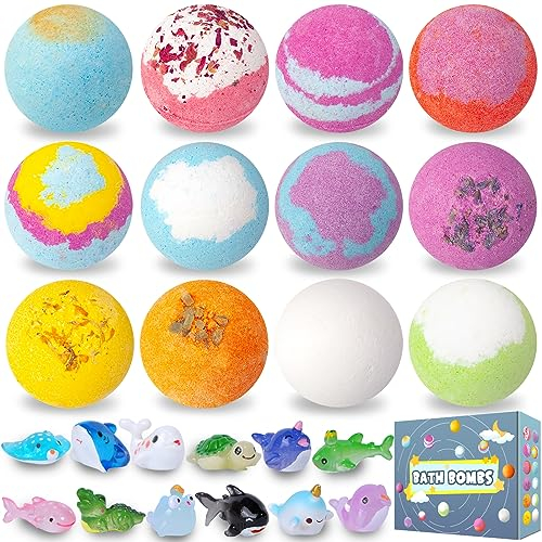 12 bombe da bagno per bambini, giocattolo a sorpresa all'interno, bombe da bagno in schiuma naturale e organica per ragazze e ragazzi per regali di compleanno