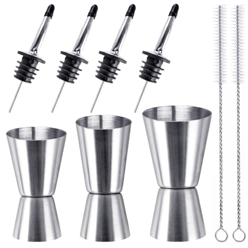 Cocktail Messbecher 3 Stück, Edelstahl Messbecher Cocktail Barmaß, 3cl/4cl/5cl/6cl Doppelmass Jigger mit 4 Stück Flaschenausgießer & 2 Pinseln, für Bar Party Wein Drink Shaker
