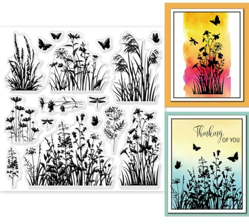 GLOBLELAND Flowers Grass Reeds Clear Stamps for DIY Scrapbooking Wildflowers Silicone Clear Stamp Seals 15x15cm Transparent Stamps for Cards Making Journal Decoration