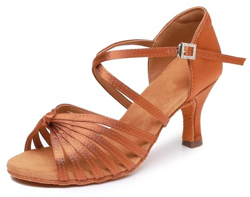 Rosefinch latinska dansskor för kvinnor salsa balsal prestanda skor professionella övningsdansskor 5/7 cm klack, Brun 7 cm, 38.5 EU