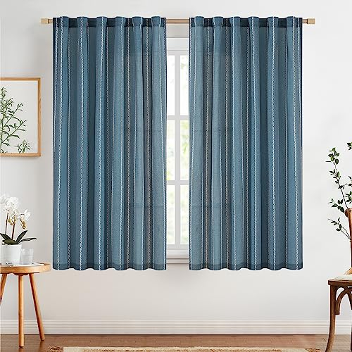 TOPICK 2er Set H 175 x B 140 (cm) Gardinen in Blau für Wohnzimmer Schlafzimmer Küche Leinen Gestreifte Vorhänge Streifen Gardinen mit Tunnelzug Landhausstil Moderne Halbtransparent Vorhänge