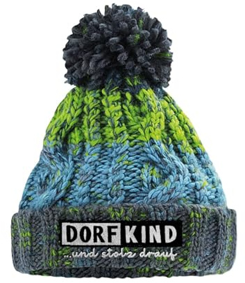 tshirtladen Dorfkind Kindermütze mit Statement Stick - warme Zopfmütze für Kinder mit Bommel, Beanie Mütze für Dorfkinder aus kuscheligem Polyacryl, Kindermütze für Winter Outdoor Alltag