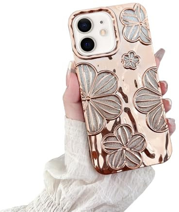 RALEAVO for iPhone 12/iPhone 12 Pro Case, Girls&Women Cute 3D Flower Luxury Pretty Plating Glitter Aesthetic Case Cover, Soft Silicone Shockproof Protective Phone Case for iPhone 12/12 Pro-Gold