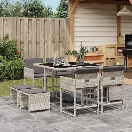 Keyroto 9-TLG. Garten Essgruppe mit Kissen Hellgrau Poly Rattan Garten Sitzgruppe Rattan Gartenmöbel Polyrattan Gartenmöbel Set Gartenessgruppe