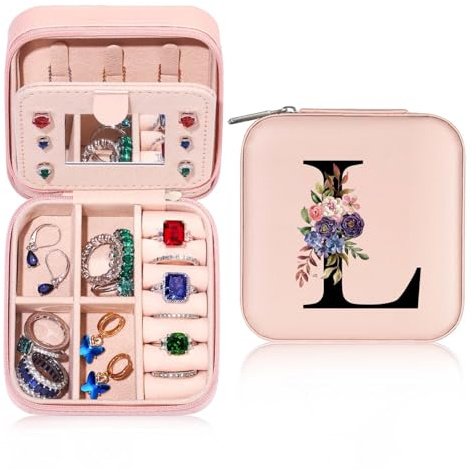 Parima Schmuckkästchen Klein Reise für Damen Mädchen, Schmuckkästchen mit initiale L | Mini Schmuckbox Reise für Ringe, Ohrringe, Armbänder, Ketten