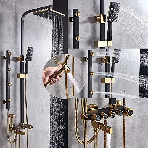 Quyanre Weiß-Schwarz-Gold-Duscharmaturen-Set, 22,9 Cm Regenduschkopf, 3-Wege-Mischbatterie Aus Messing Mit Regal, Wannenauslauf, Badezimmer-Dusche, Weißgold,Schwarzgolden