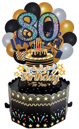 80.Pop Up Geburtstagskarte,Schwarze Gold Grußkarte 80er Geburtstag 3D Popup Karten Glückwunschkarte mit Umschlag Frauen Männer Geschenkideen