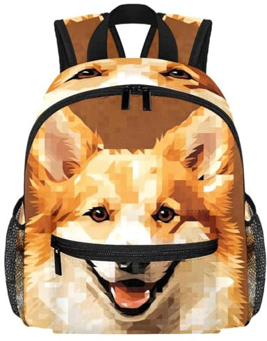 Niedlicher Kleinkind-Rucksack – Pixel-Hund, orangefarbener Hintergrund, schlichte, moderne Kindertasche für Vorschule, Schule, Mädchen und kleine Kinder, multi, 25.4x10x30 CM/10x4x12 in