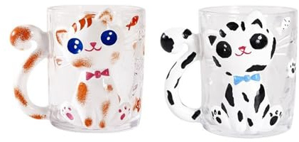 Dvagoent 300ml Wassergläser 2er Set, Trinkglas Niedlich Katze 3d-Prägung Saftgläser, Schöne Gläser Eiskaffee Becher, Iced Coffee Cup Dessert Frappe Eisbecher Glas (Katze 2er Set)