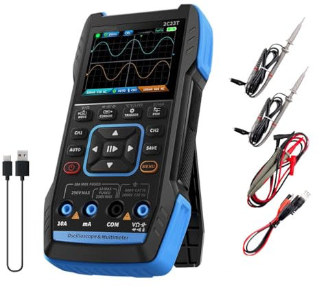 3 in 1 Handheld Oscilloscope Multimeter Signal Generator, Oscilloscop-Dual Channel 2X10M Handwidth, 50M Real-time Sampling Rate, Multimeter-9999Count, Volt/Current test, Signal Generator-7 Waveforms