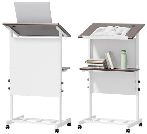 BIXUYOU Tragbares Rednerpult mit Rollen, Stehpult, mobiles, höhenverstellbares, rollbares Rednerpult mit Ablagefläche und Getränkehalter für Präsentationen und die Nutzung von Laptops