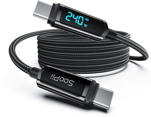 SOOPII 240W Cable USB C a USB C con pantalla LED,Trenzado de nailon,2m | Cable de carga rápida tipo C para iPhone 17/16/15 Pro Max, Galaxy S25/S24, lPad,Negro